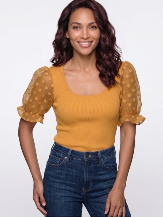entro Tops - entro Mustard Scoop Neck Ribbed Polka Dot Puff Sleeve Top